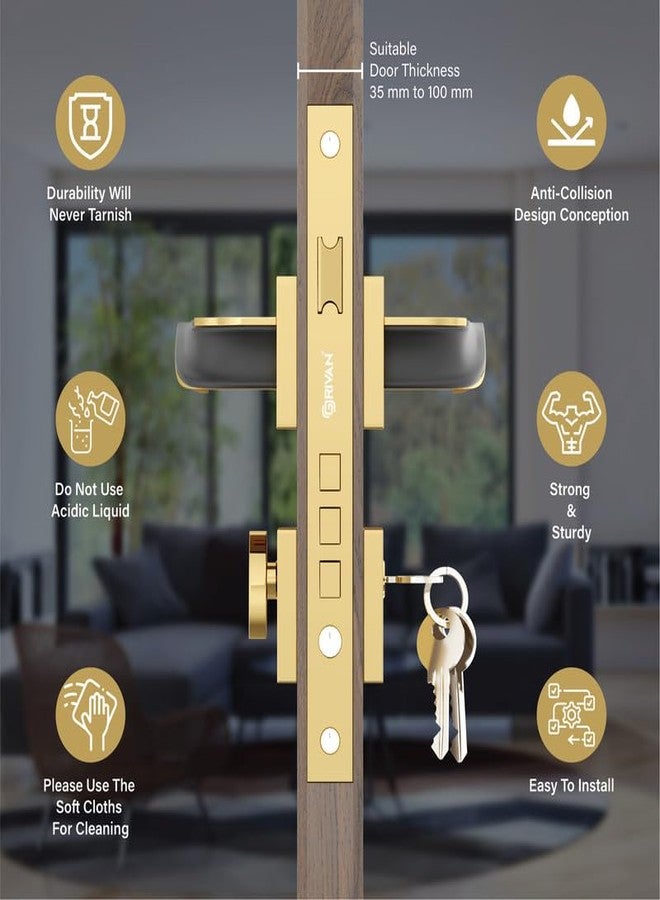 GRIVAN Elegance Brass Mortise Lock for Door, Bedroom, Balcony, Store Room Handle Set for Main & Internal Doors Durable Lock Body & 3 Keys Included (Gold, Black Finish) | 2 Years Warranty - Image 3